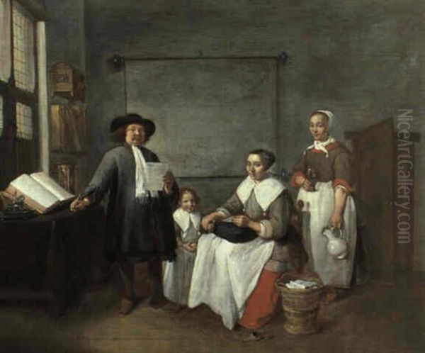 A Family Group In An Interior With A Gentleman Standing     Reading A Document, His Wife Seated And Daughter Standing Oil Painting by Quiringh Gerritsz van Brekelenkam