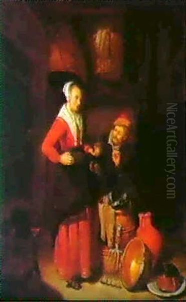 A Kitchen Maid With A Man Smoking A Pipe In An Interior Oil Painting by Quiringh Gerritsz van Brekelenkam