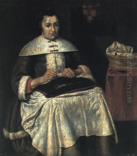 A Lady Sewing In An Interior Oil Painting by Quiringh Gerritsz van Brekelenkam