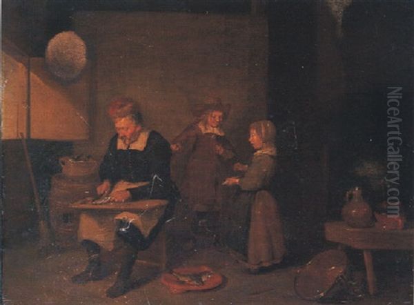 A Man Cutting Fish, With Children Watching Oil Painting by Quiringh Gerritsz van Brekelenkam