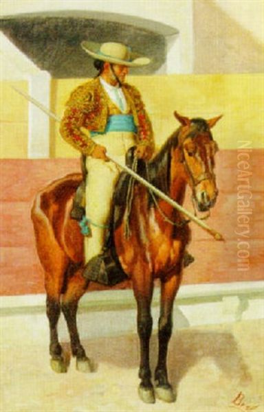 A Picador, Wearing An Embroidered Jacket And Holding A Spear, Seated On His Horse Oil Painting by Jose Brel