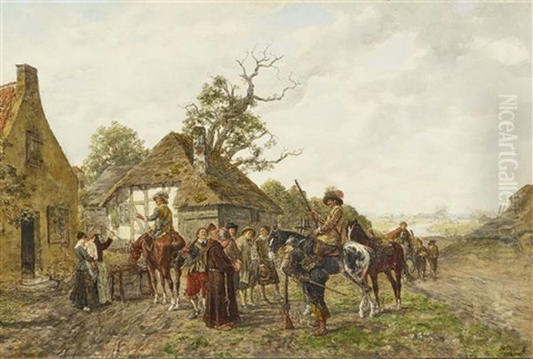 Lansquenets In Front Of The Village Oil Painting by Heinrich Breling