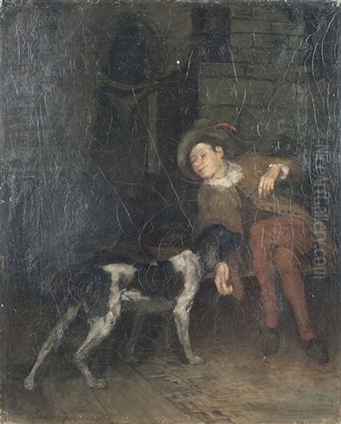 Sleeping Man With Dog Oil Painting by Heinrich Breling