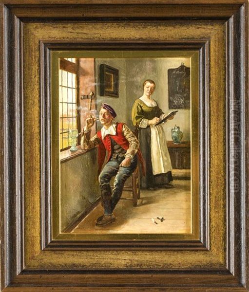 Interieur Mit Rauchendem, Jungen Mann Am Fenster, Der Von Seiner Frau Gezeichnet Wird Oil Painting by Heinrich Breling