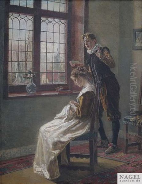 Niederlandisches Stubeninterieur Mit Einem Paar Am Fenster Oil Painting by Heinrich Breling