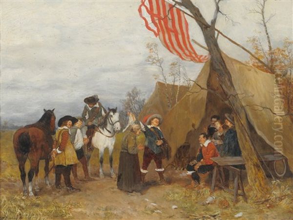 Cavaliers And Horses Beside A Tent Oil Painting by Heinrich Breling