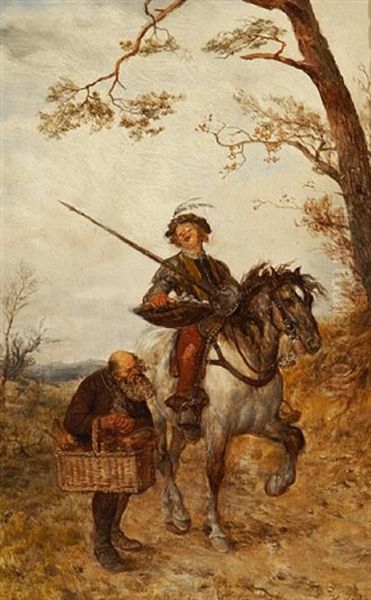 A Knight Taking Provisions From An Old Peasant Oil Painting by Heinrich Breling