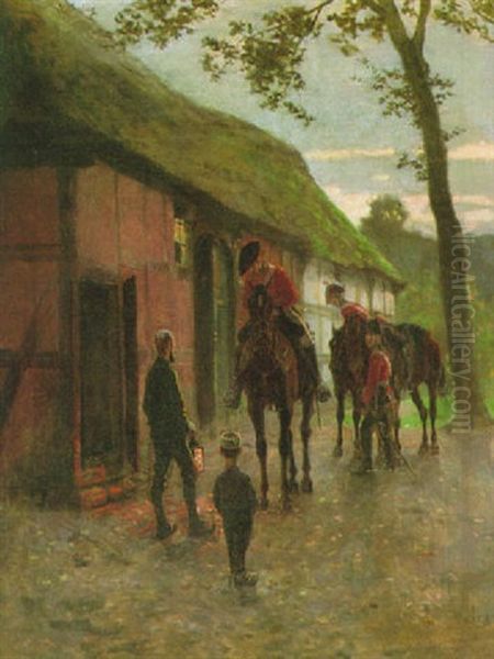 Kavalleristen Halten Abends Im Dorf Oil Painting by Heinrich Breling