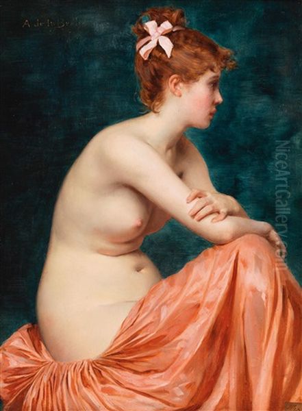 Young Nude Sitting With Ribbon In Her Hair Oil Painting by Auguste de la Brely