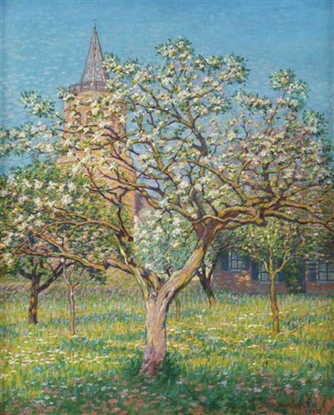 Blossoming Tree With The Church Of Laren In The Distance Oil Painting by Co (Jacobus Ahazuerus) Breman