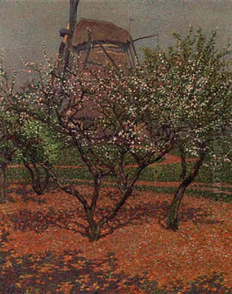 Meimaand - A Windmill In An Orchard Oil Painting by Co (Jacobus Ahazuerus) Breman