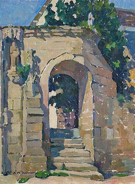 A View Through A Stone Arch With Steps Oil Painting by Anne Millay Bremer