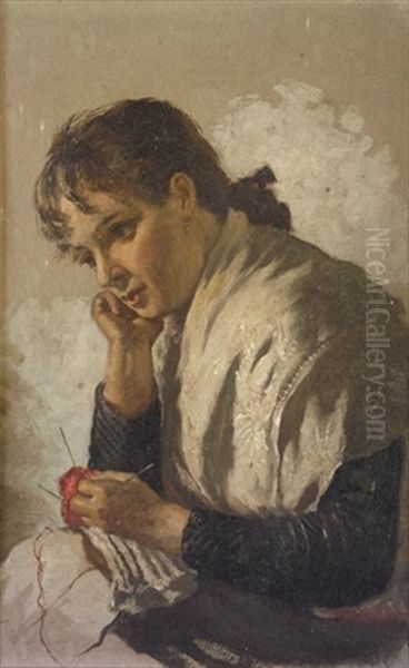 Pensive Thoughts - Young Girl With Knitting Oil Painting by James Brenan