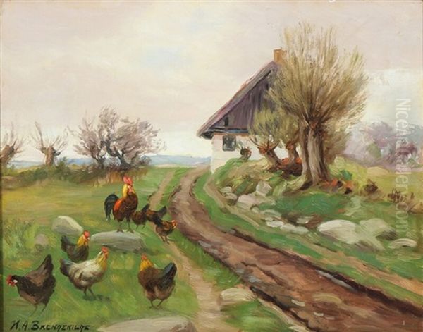 Farmhouse Exterior With Chickens Oil Painting by Hans Andersen Brendekilde