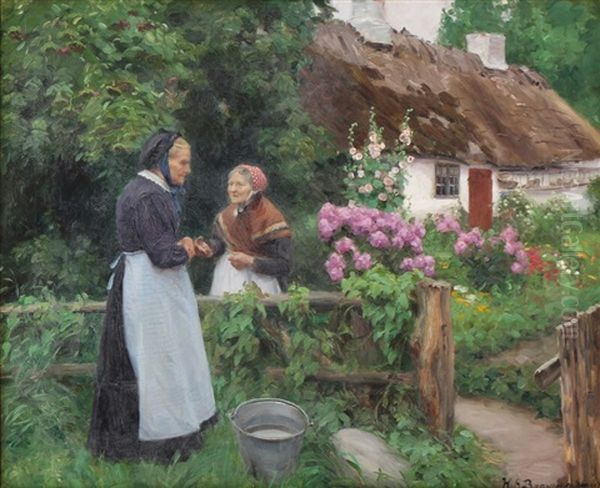 Two Old Ladies At A Garden Gate Oil Painting by Hans Andersen Brendekilde