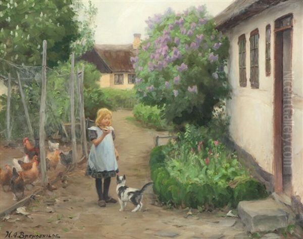 A Little Girl Gives The Cat Food Oil Painting by Hans Andersen Brendekilde