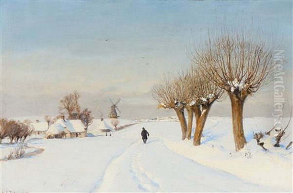 A Snowcovered Landscape With A Man Walking Along A Country Road Edged With Poplars Oil Painting by Hans Andersen Brendekilde