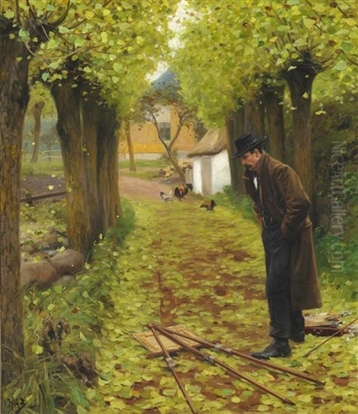 L. A. Ring Stands On The Outskirts Of A Forest With A House In The Background And His Fallen Easel Oil Painting by Hans Andersen Brendekilde