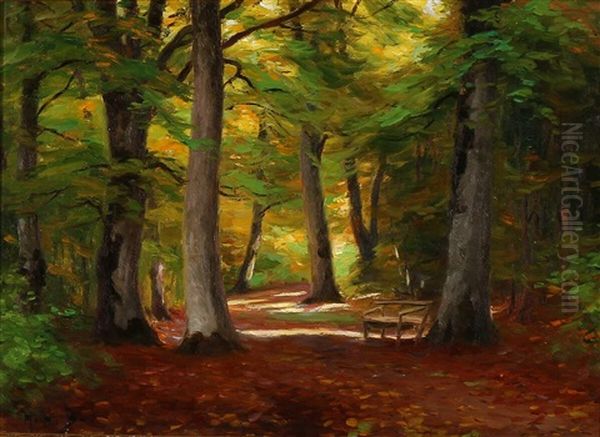 Forest Clearing With An Empty Bench Oil Painting by Hans Andersen Brendekilde