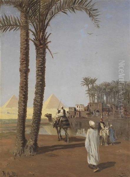 Orientalische Szene, Im Hintergrund Die Pyramiden Von Gizeh Oil Painting by Hans Andersen Brendekilde