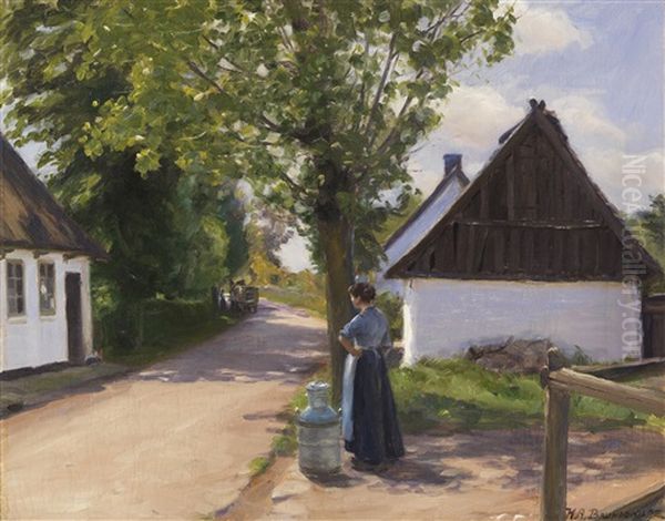 Danische Dorfstrase Mit Bauerin Und Milchmann Oil Painting by Hans Andersen Brendekilde