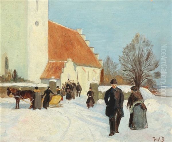 Winter Scenery With Churchgoers Oil Painting by Hans Andersen Brendekilde