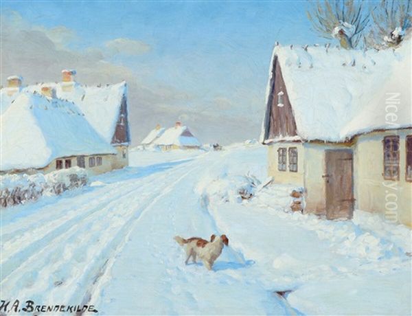 Winter Landscape With A Dog, Scenery From Brendekilde Oil Painting by Hans Andersen Brendekilde