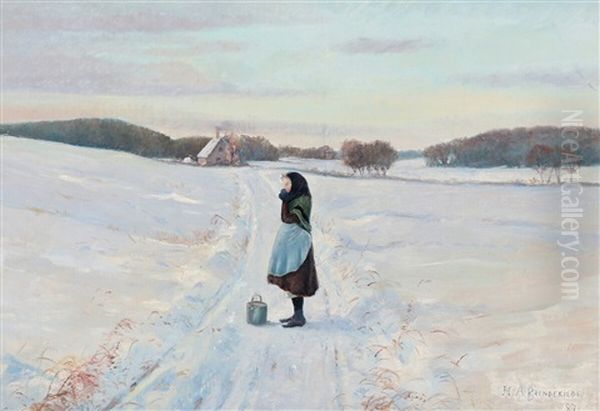 A Winter Scenery With A Girl Oil Painting by Hans Andersen Brendekilde