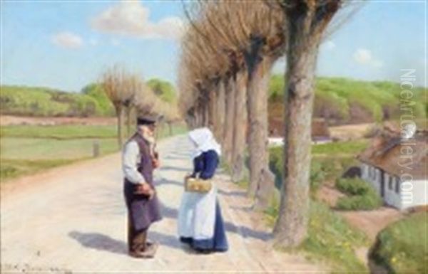 Man And Woman On A Road On The Outskirts Of The Village Oil Painting by Hans Andersen Brendekilde