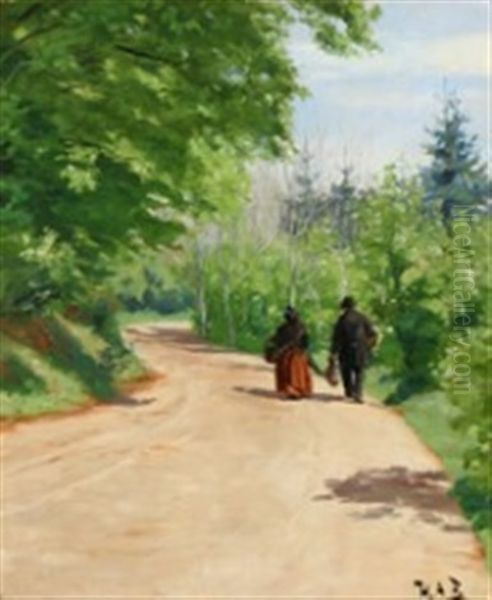 Spring Forest Road With A Couple Walking Oil Painting by Hans Andersen Brendekilde