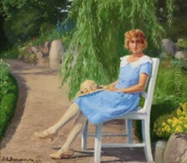 Young Woman In A Light Blue Summer Dress Sitting In A Park Oil Painting by Hans Andersen Brendekilde