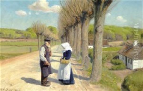 Man And Woman On A Road In The Outskirts Of The Village Oil Painting by Hans Andersen Brendekilde