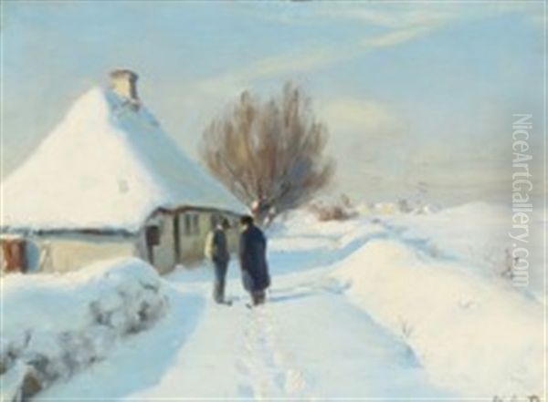 A Winter Day With Two Older Men Oil Painting by Hans Andersen Brendekilde