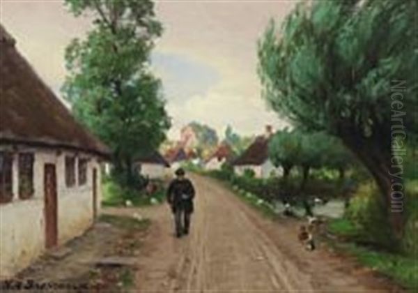 Village Street With Man And Ducks By The Pond Oil Painting by Hans Andersen Brendekilde