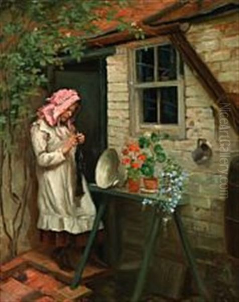 A Young Girl Standing In A Doorway Knitting Oil Painting by Hans Andersen Brendekilde