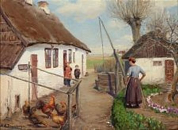 Farm Exterior With Children And A Woman Oil Painting by Hans Andersen Brendekilde