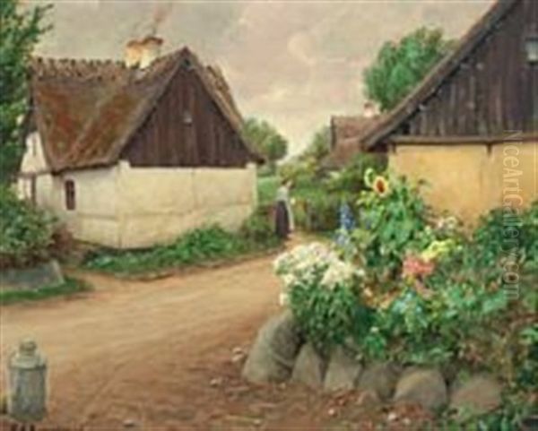 Village With Flowers And Woman Oil Painting by Hans Andersen Brendekilde