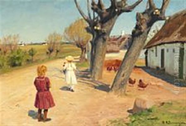 Two Little Girls In Front Of A Thatched House Oil Painting by Hans Andersen Brendekilde