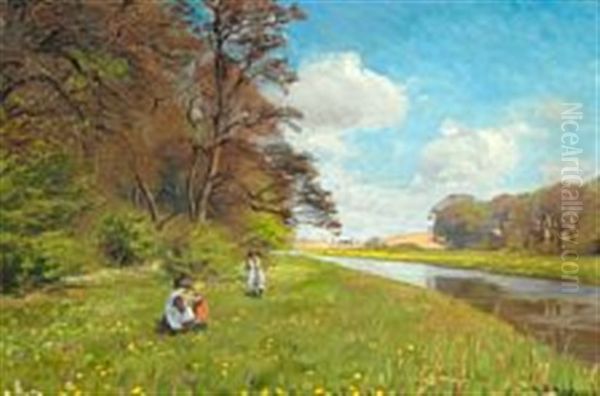 A Mother With Her Little Girls Picking Flowers Next To Suseaen Oil Painting by Hans Andersen Brendekilde