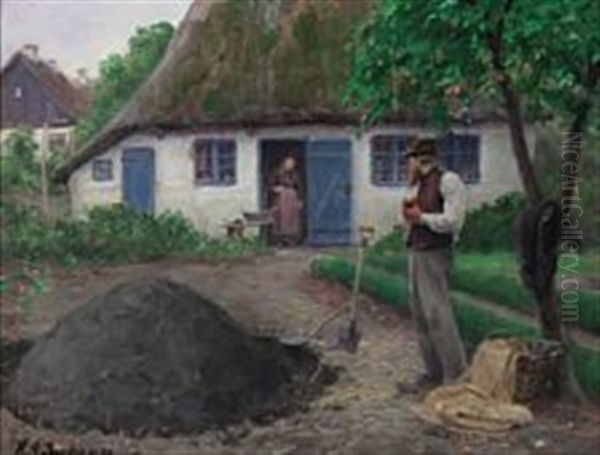 A Crofter Working In The Garden Oil Painting by Hans Andersen Brendekilde