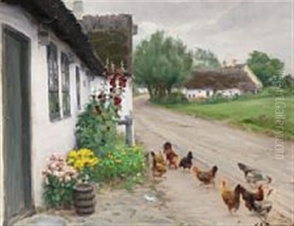 Chickens Pecking After Seeds Near A Farm House Oil Painting by Hans Andersen Brendekilde