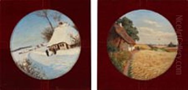 Two Porcelain Dishes Painted With A Summer And Winter Landscape Oil Painting by Hans Andersen Brendekilde