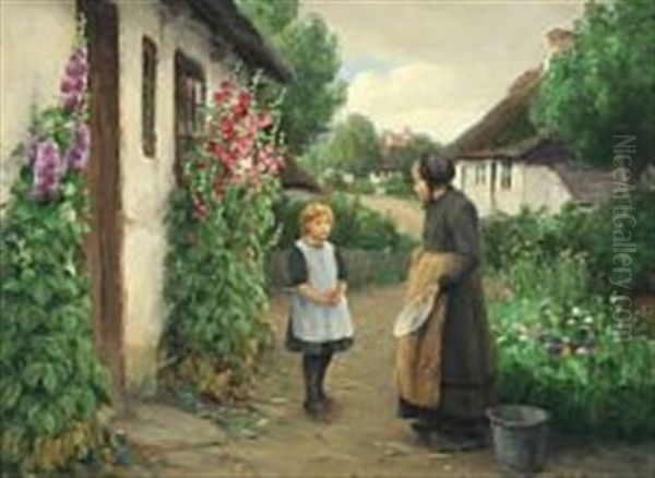 Exterior With A Little Girl And Woman Oil Painting by Hans Andersen Brendekilde