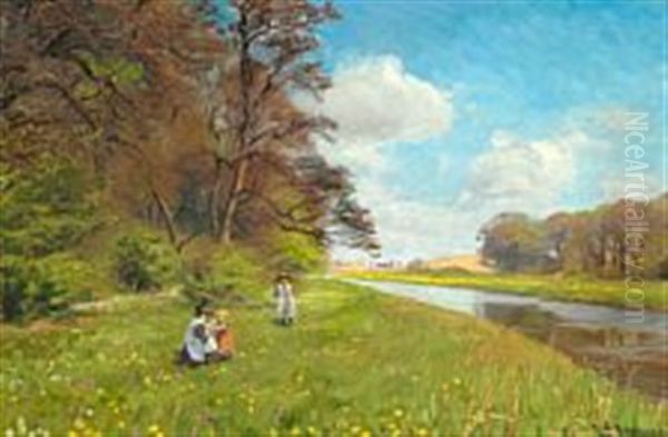 A Mother With Her Little Girls Picking Flowers Next To Suseaen Oil Painting by Hans Andersen Brendekilde