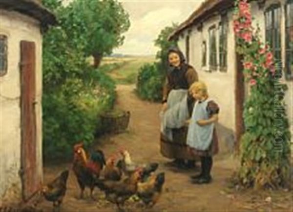 Honsene Fodres Oil Painting by Hans Andersen Brendekilde