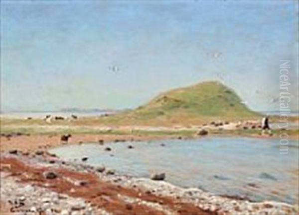 Beach Scene With Sheep And A Walking Man Oil Painting by Hans Andersen Brendekilde