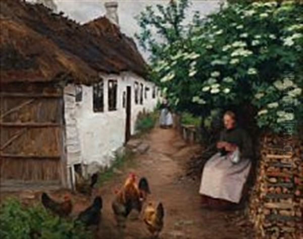 June Day With A Peasant Woman Knitting Under The Elder Tree In Bloom Oil Painting by Hans Andersen Brendekilde