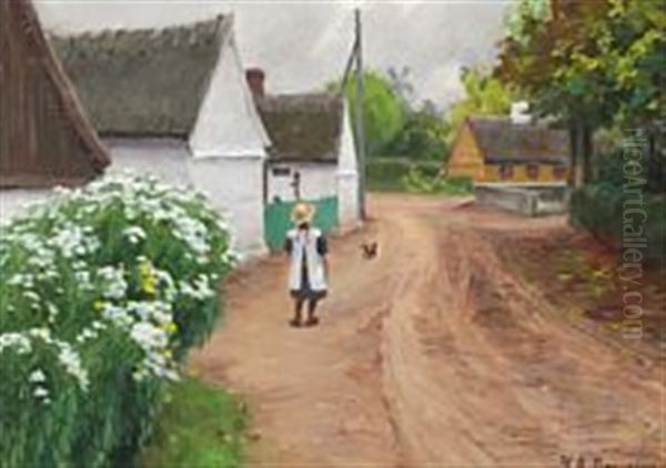 Village Street With A Little Girl And Blooming Daisies Oil Painting by Hans Andersen Brendekilde