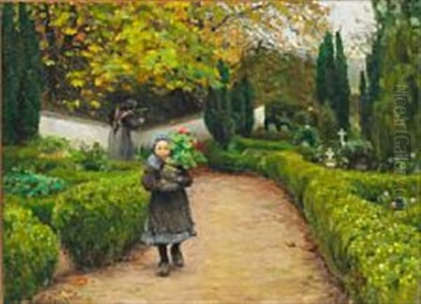 View From Ronnebaek Cemetery Near Koge With A Little Girl With Flowers Oil Painting by Hans Andersen Brendekilde