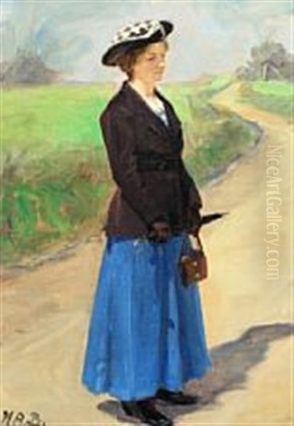 A Spring Day With A Woman On A Gravel Road Oil Painting by Hans Andersen Brendekilde